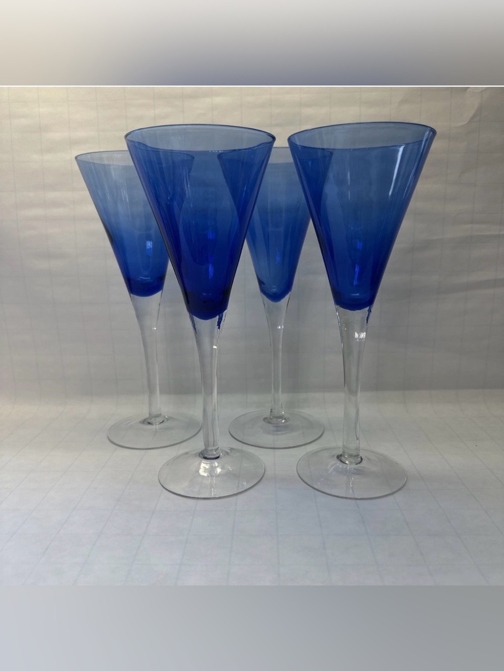 Pottery Barn Cobalt Blue Glass Champagne Flutes Hand Blown Clear Stem Set of 4